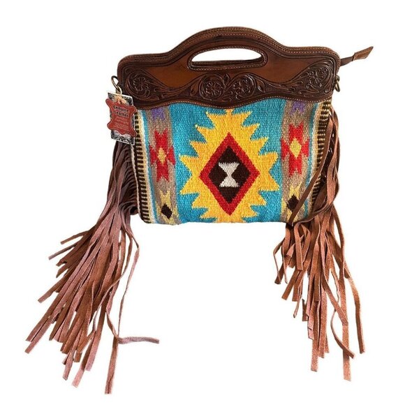 American Darling Aztec Cross Body Bag Tooled Leather Fringe Purse Western NEW - Picture 1 of 8